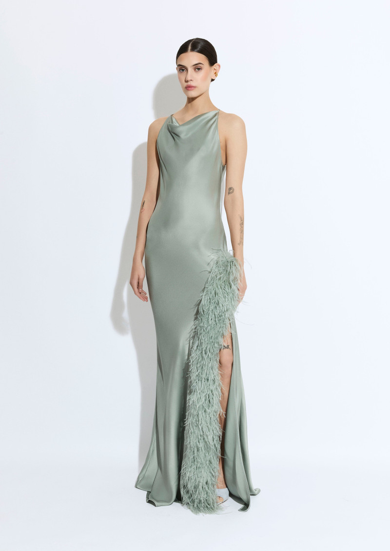 LAPOINTE Satin Halter Gown With Feathers outlook