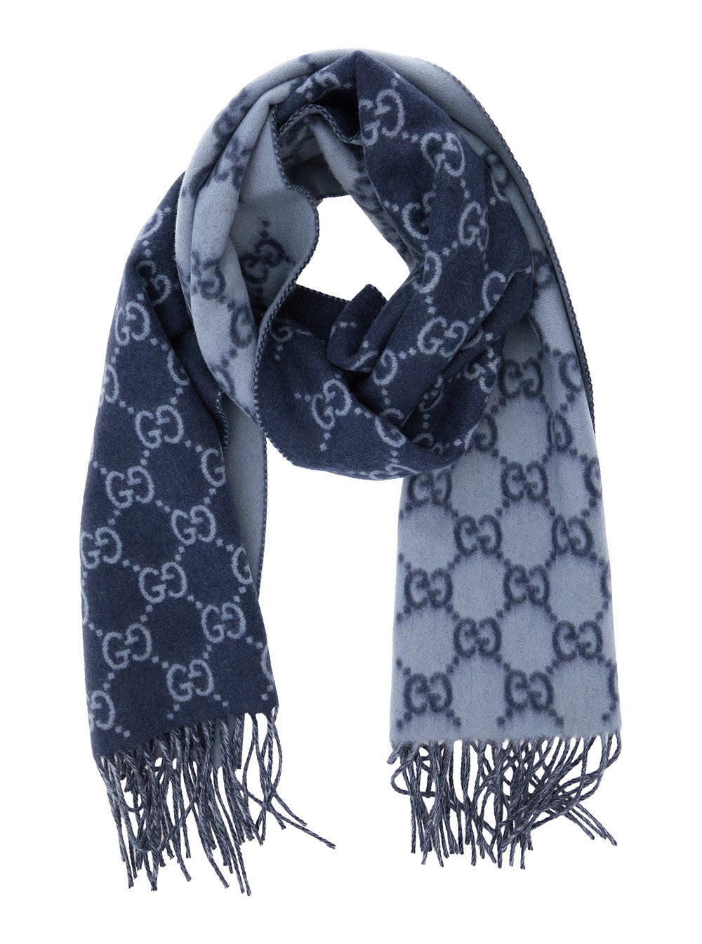 Gucci Men Blue Scarf With All-Over Gg Motif And Fringed Hem In Cashmere Man - 2