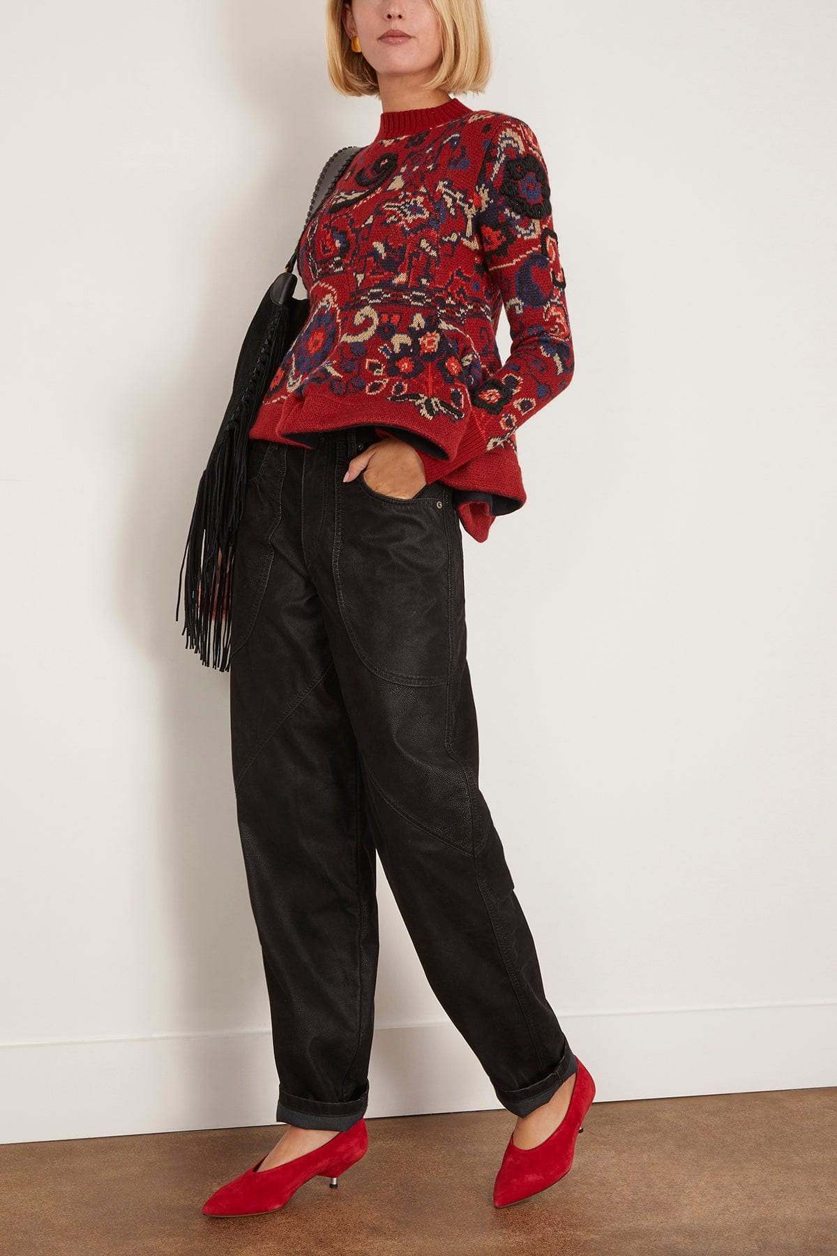 Floral Jacquard Knit Pullover in Bordeaux - 2