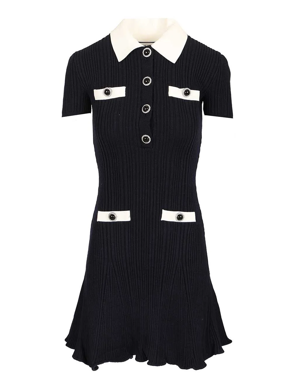 Navy Contrast Collar Knit Mini Dress Dresses Blue - 1