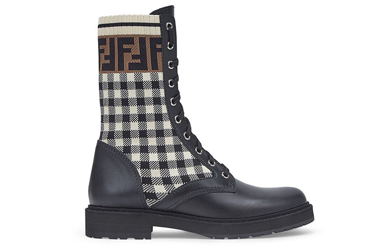 (WMNS) FENDI Black leather biker boots with stretch fabric 'Black White' 8T6780AD7AF1BPG - 2