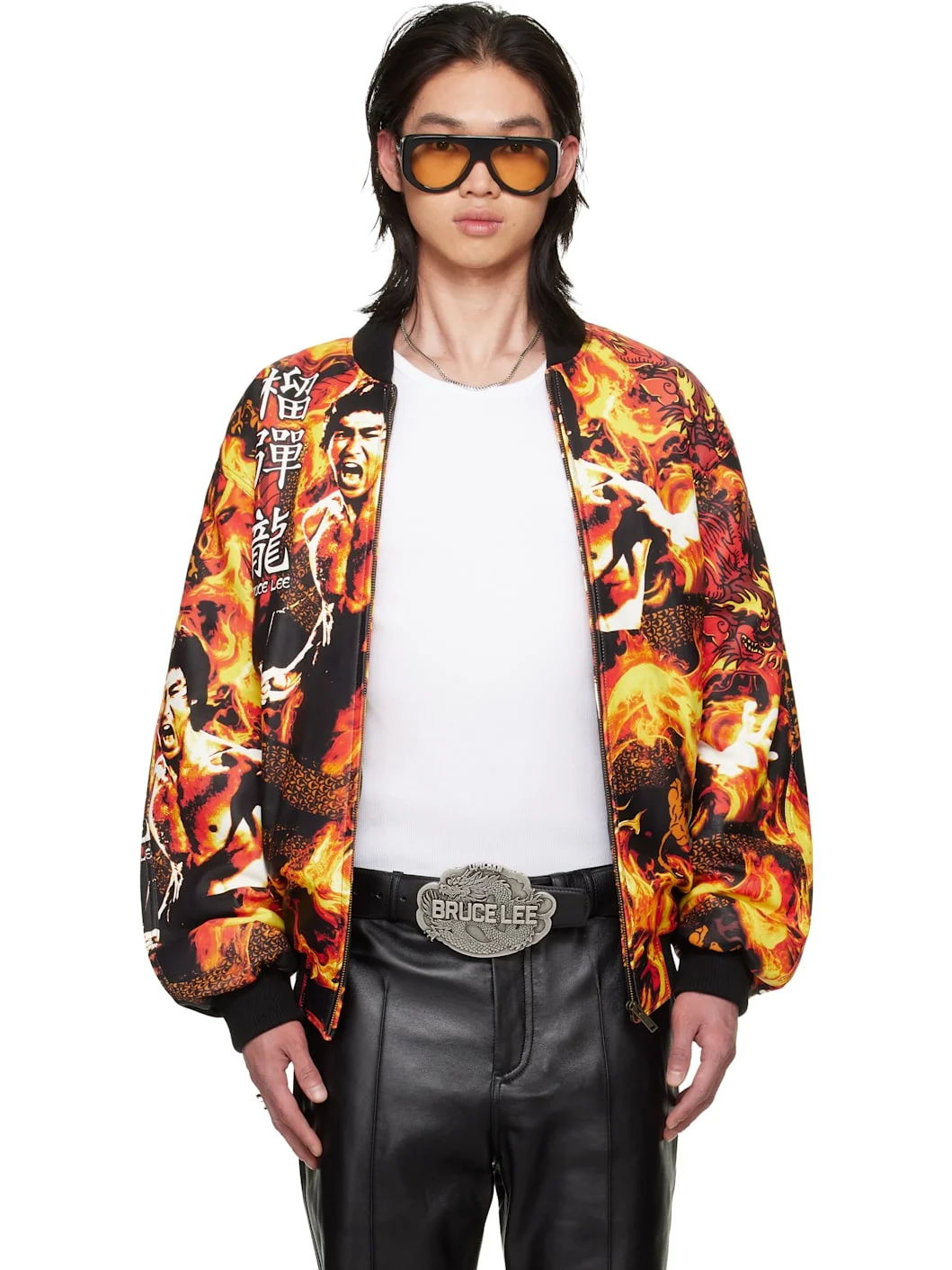 BRUCE LEE x LỰU ĐẠN Orange & Black 'Bruce Lee' Leather Bomber Jacket - 1