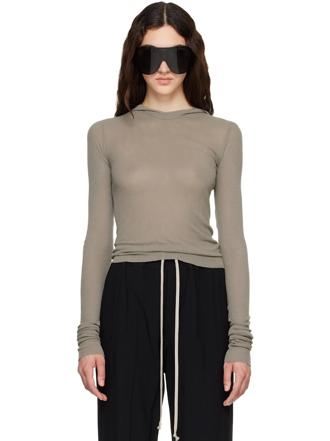 Taupe Tower Cropped Hooded Rib LS T-shirt - 1