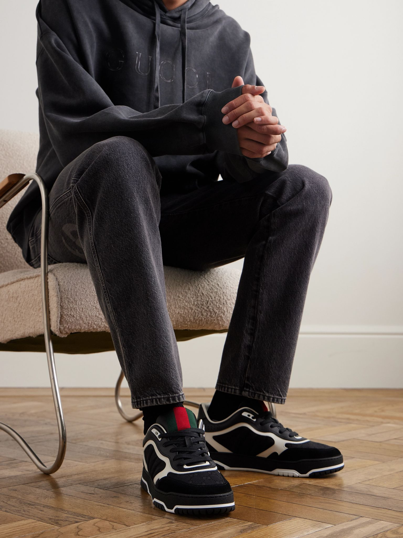 Re-Web Suede and Webbing-Trimmed Canvas and Leather Sneakers Black - 2