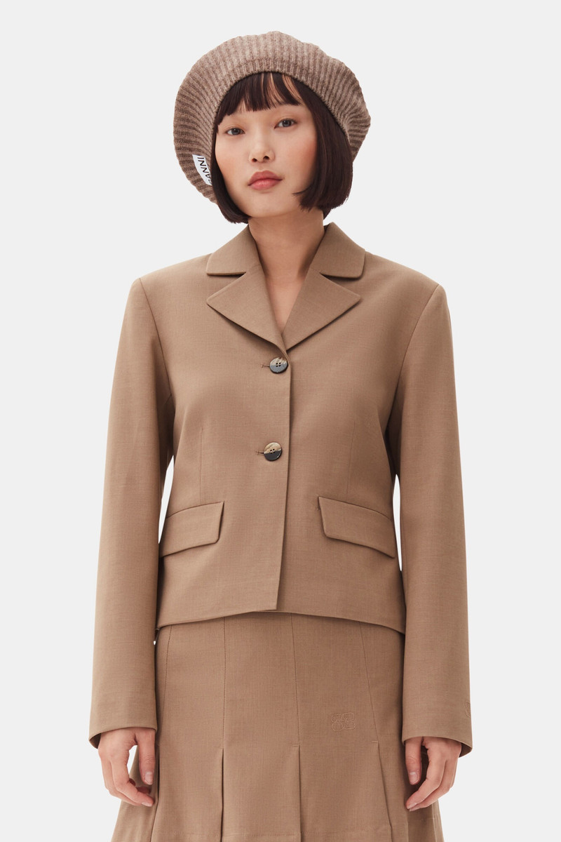 GANNI BROWN DRAPEY MELANGE FITTED BLAZER outlook