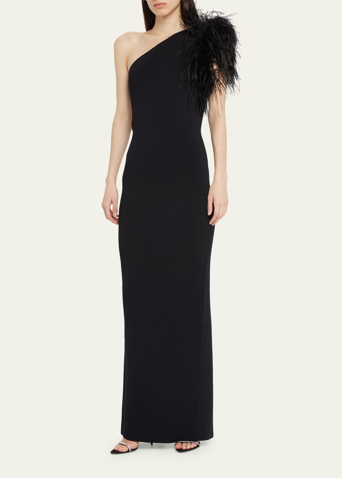 Elcie One-Shoulder Column Gown with Feathers - 4