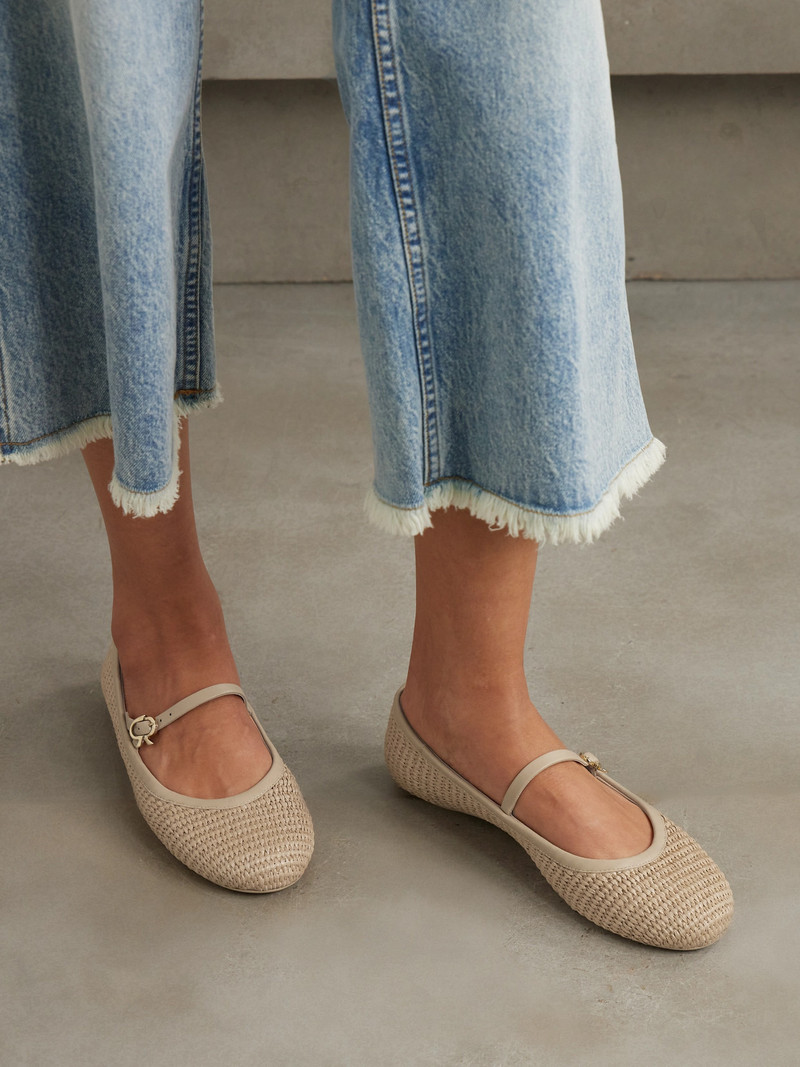 Gianvito Rossi Carla Leather-trimmed Raffia Mary Jane Ballet Flats outlook