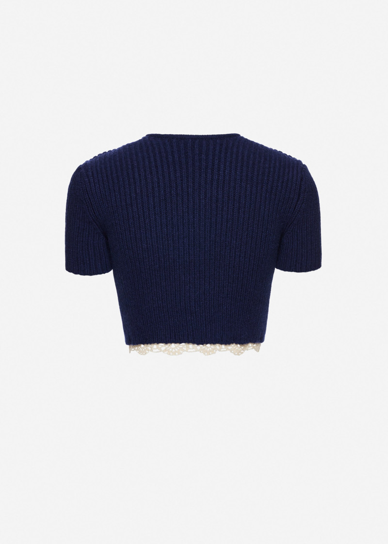 Short-sleeve crochet-trim cropped cardigan in navy 2