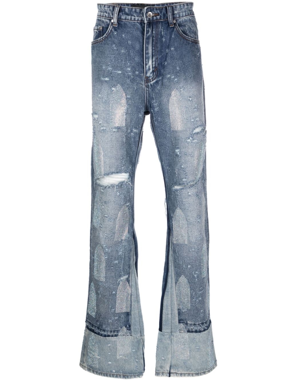 rhinestoned distressed straight-leg jeans - 1