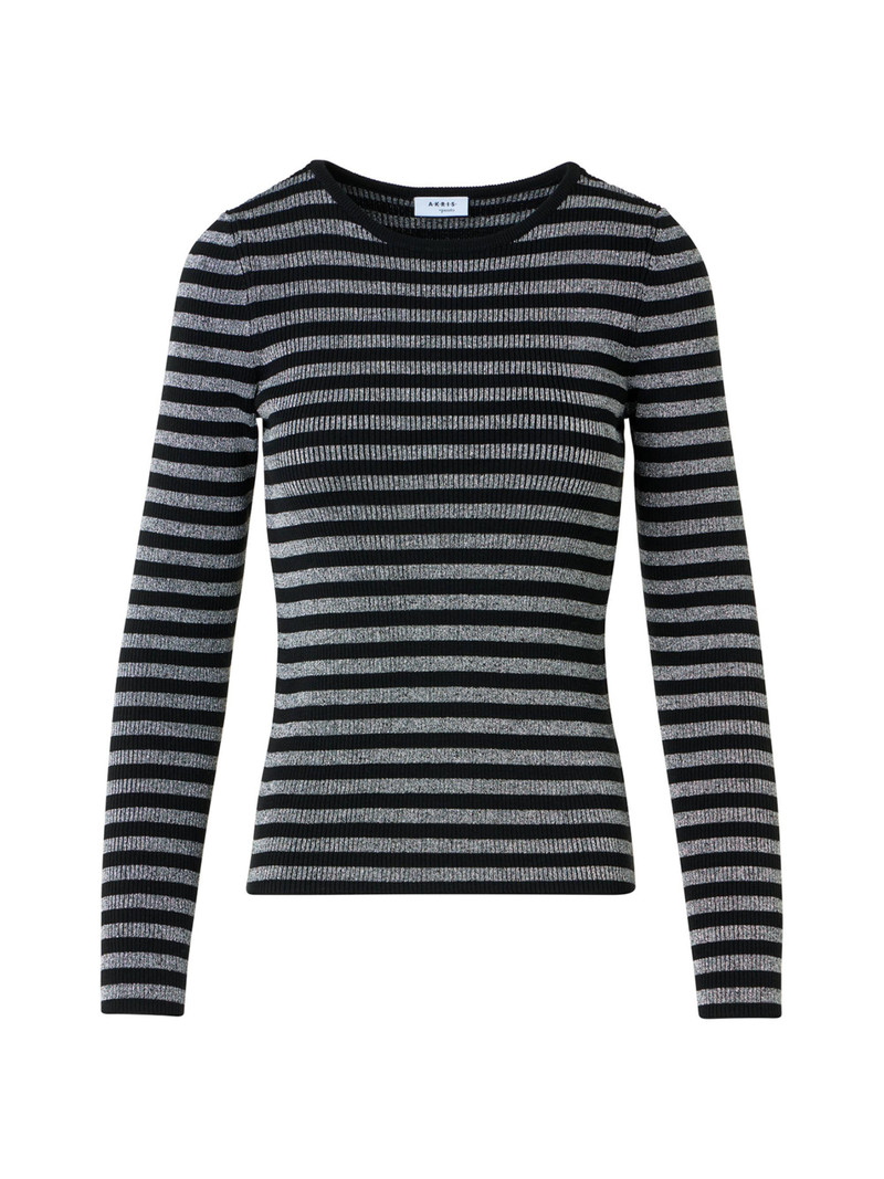 Women's Metallic Striped Merino Wool Rib-Knit Sweater - Black Brushed Steel 1