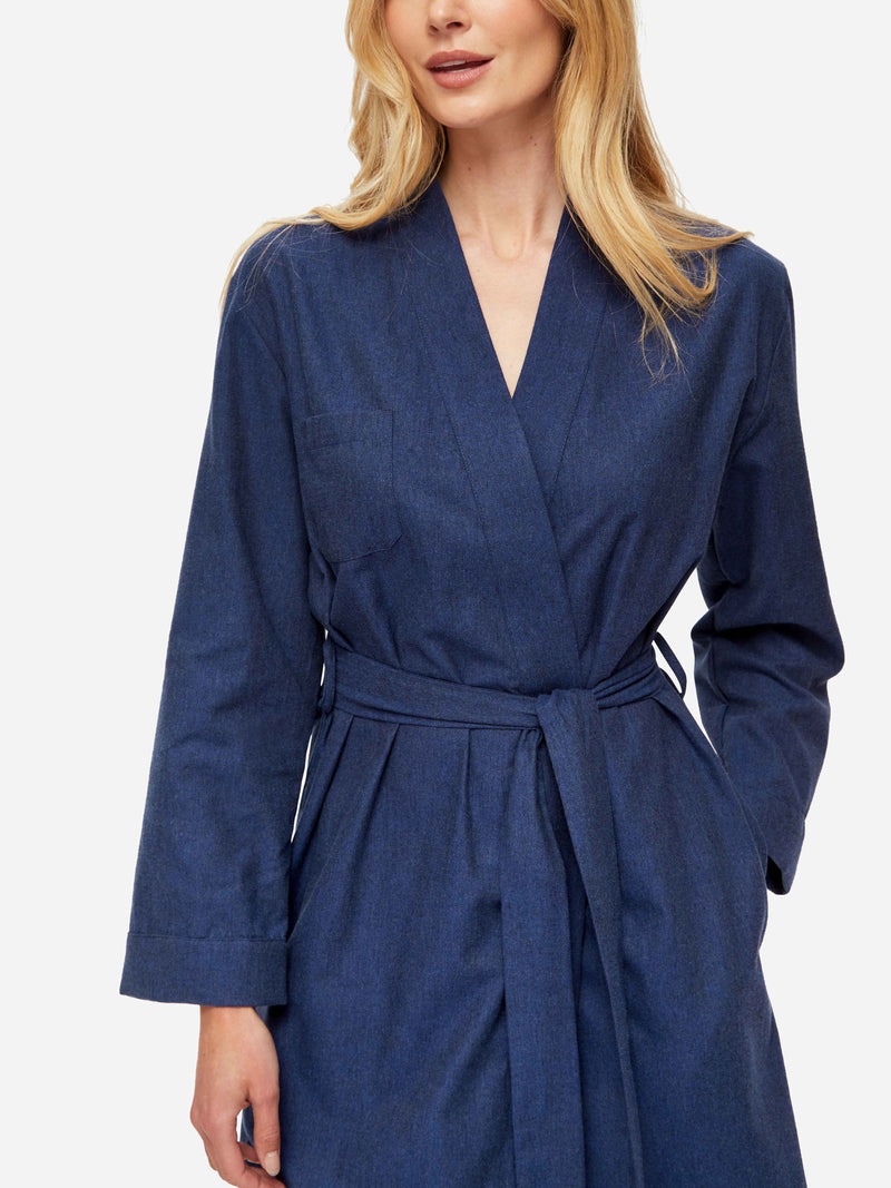 Women's Long Dressing Gown Balmoral 3 Brushed Cotton Navy - 2