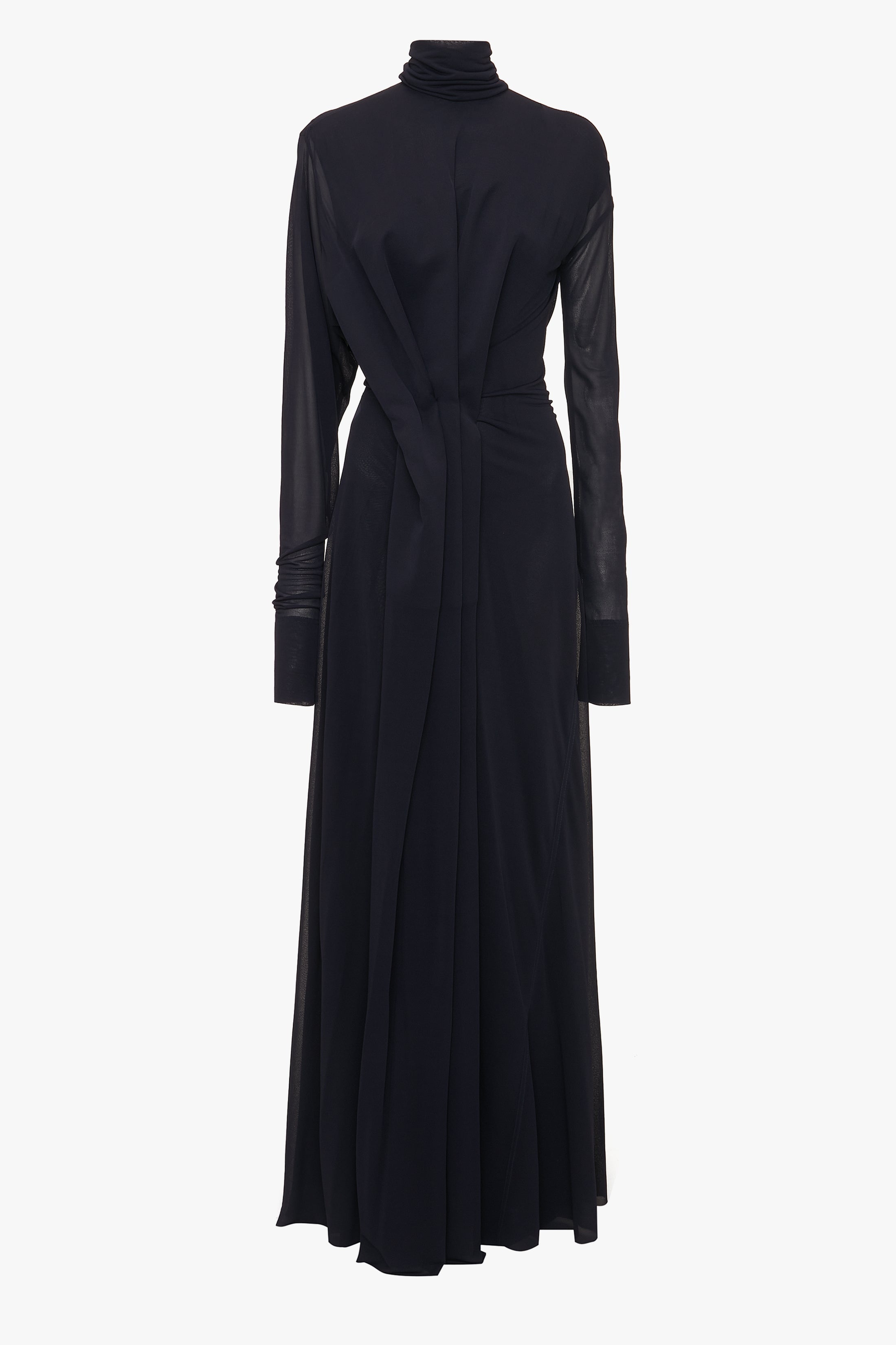 Long Sleeve Draped Jersey Floor-Length Gown In Ink Blue - 1