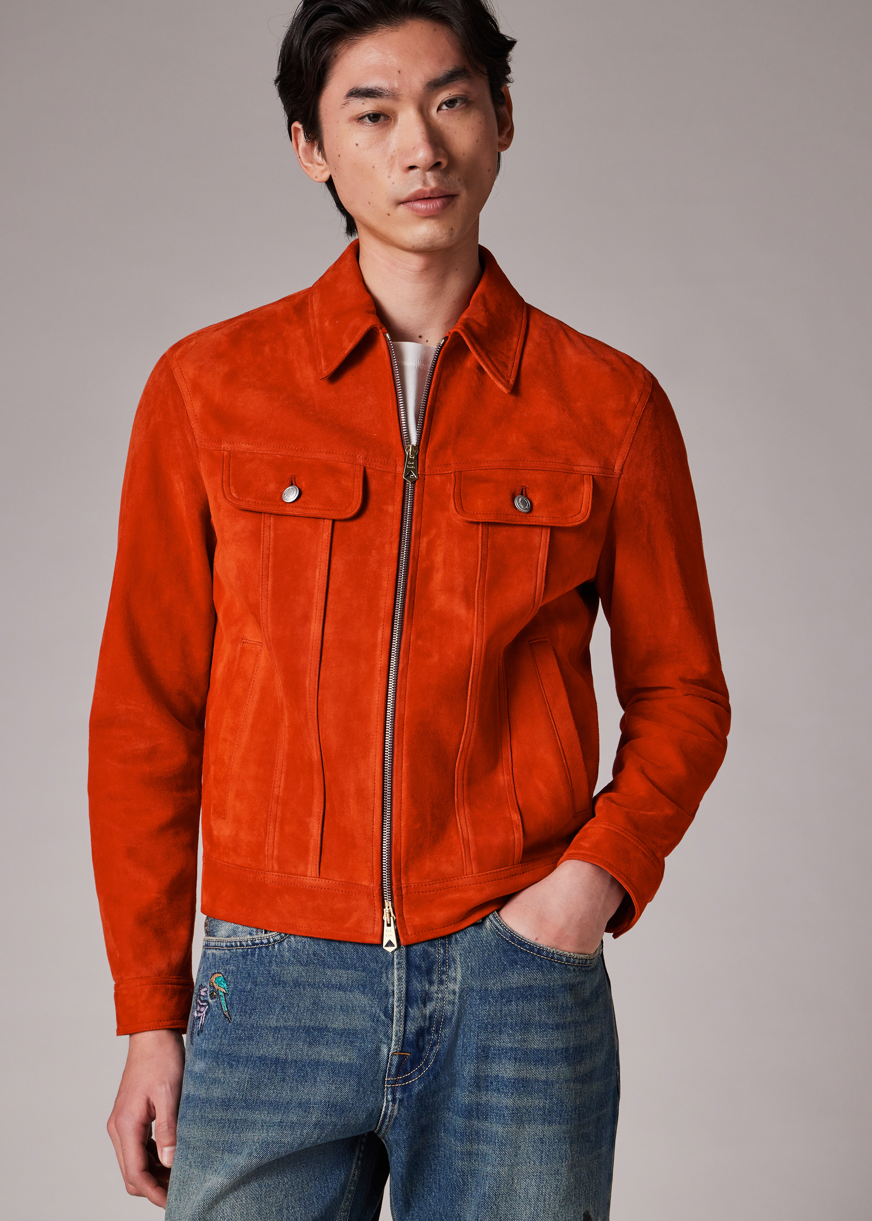 Burnt Orange Suede Trucker Jacket - 5