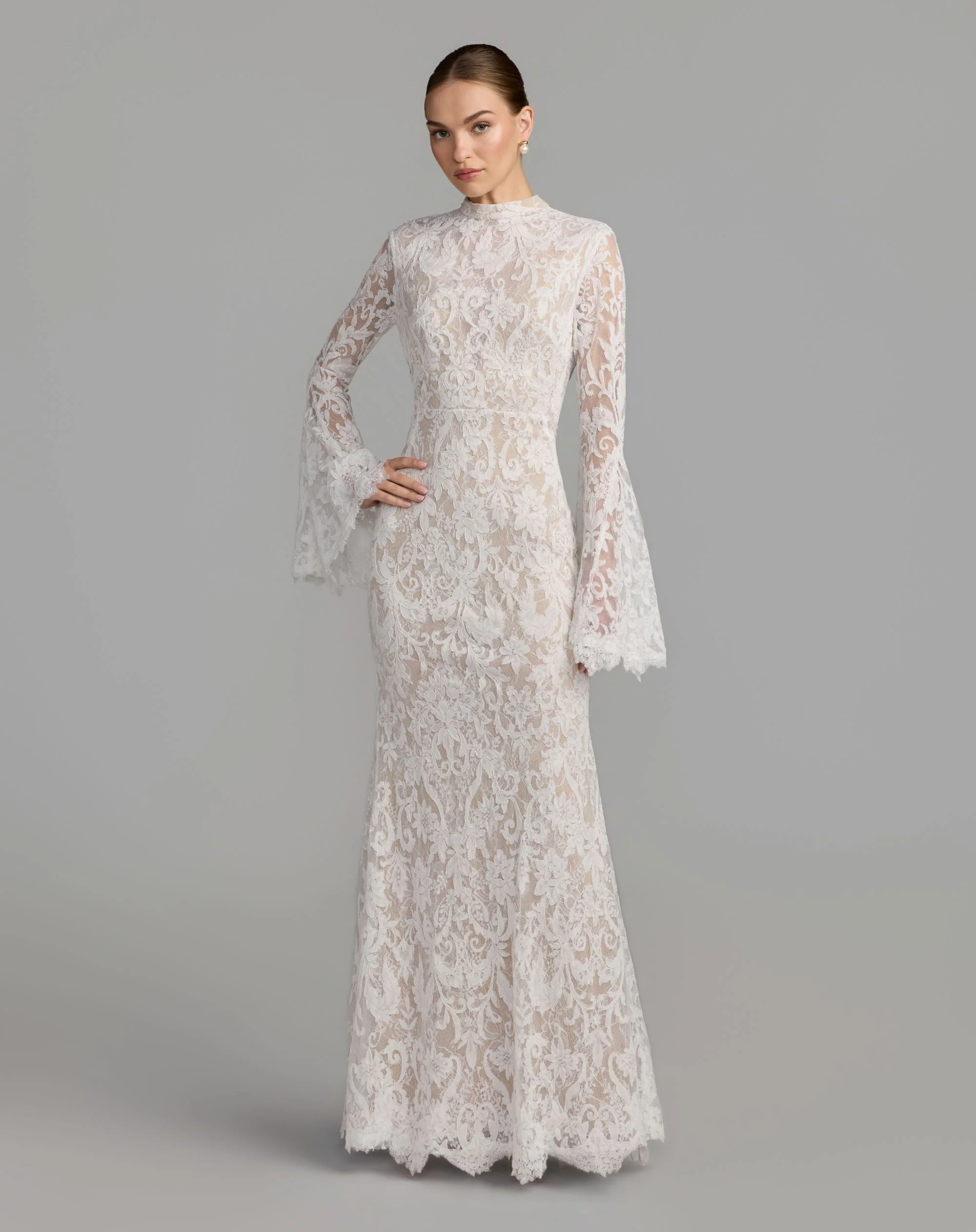 Ivory Nude Mock Neck Long Sleeve Lace Gown - 1