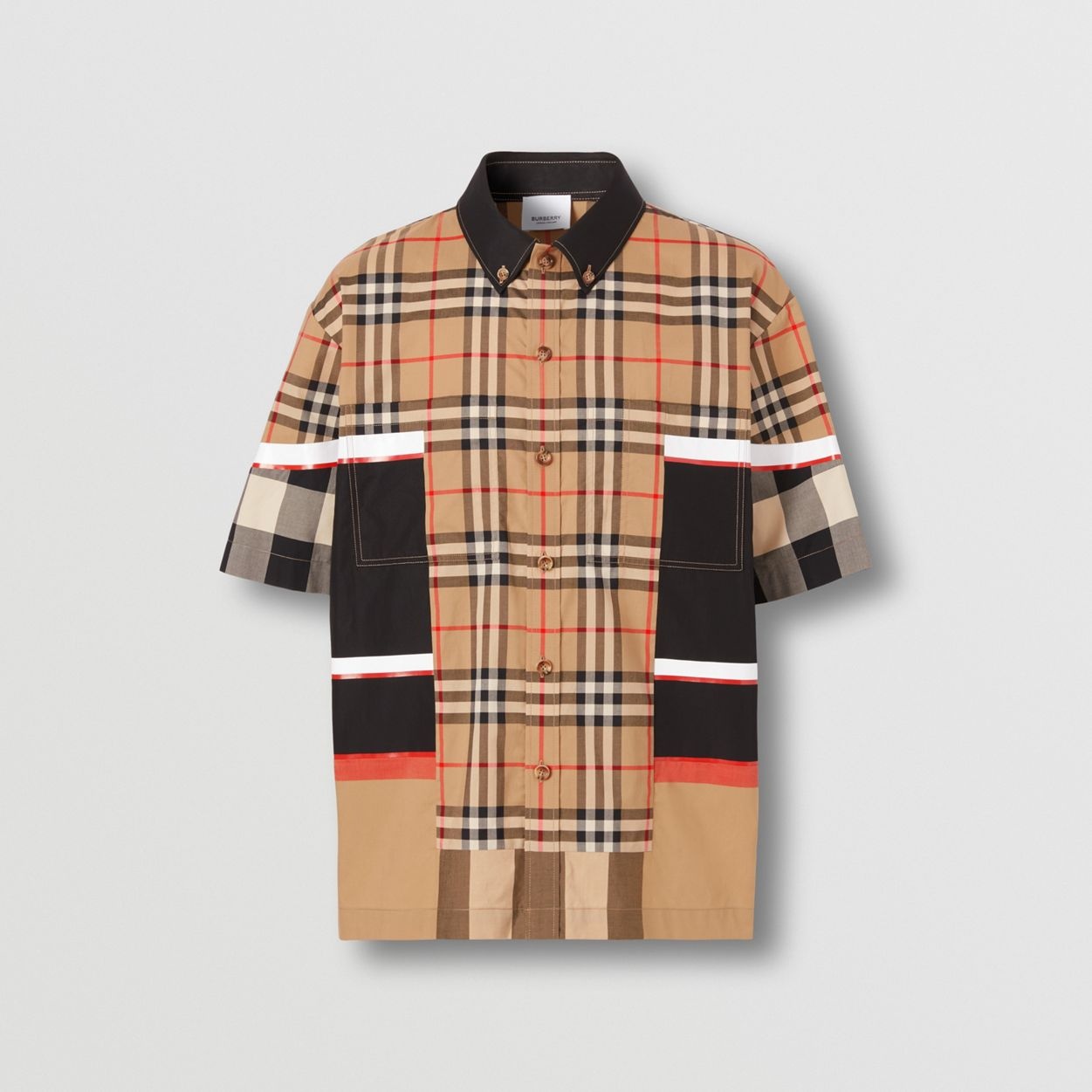 Short-sleeve Patchwork Check Cotton Shirt - 4