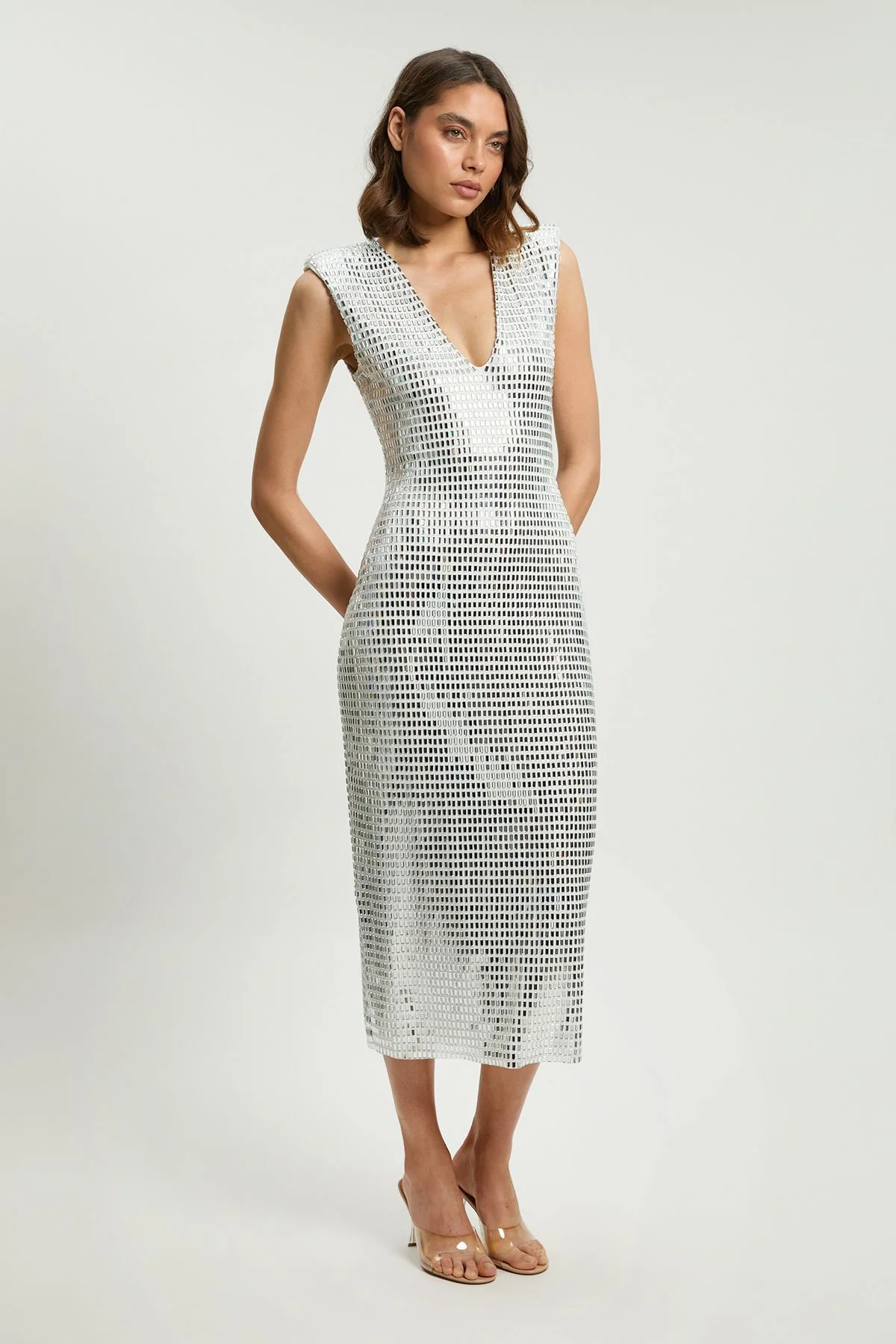 Premium Crystal Embellished Jersey Sleeveless Plunge Neck Midi Dress - 1