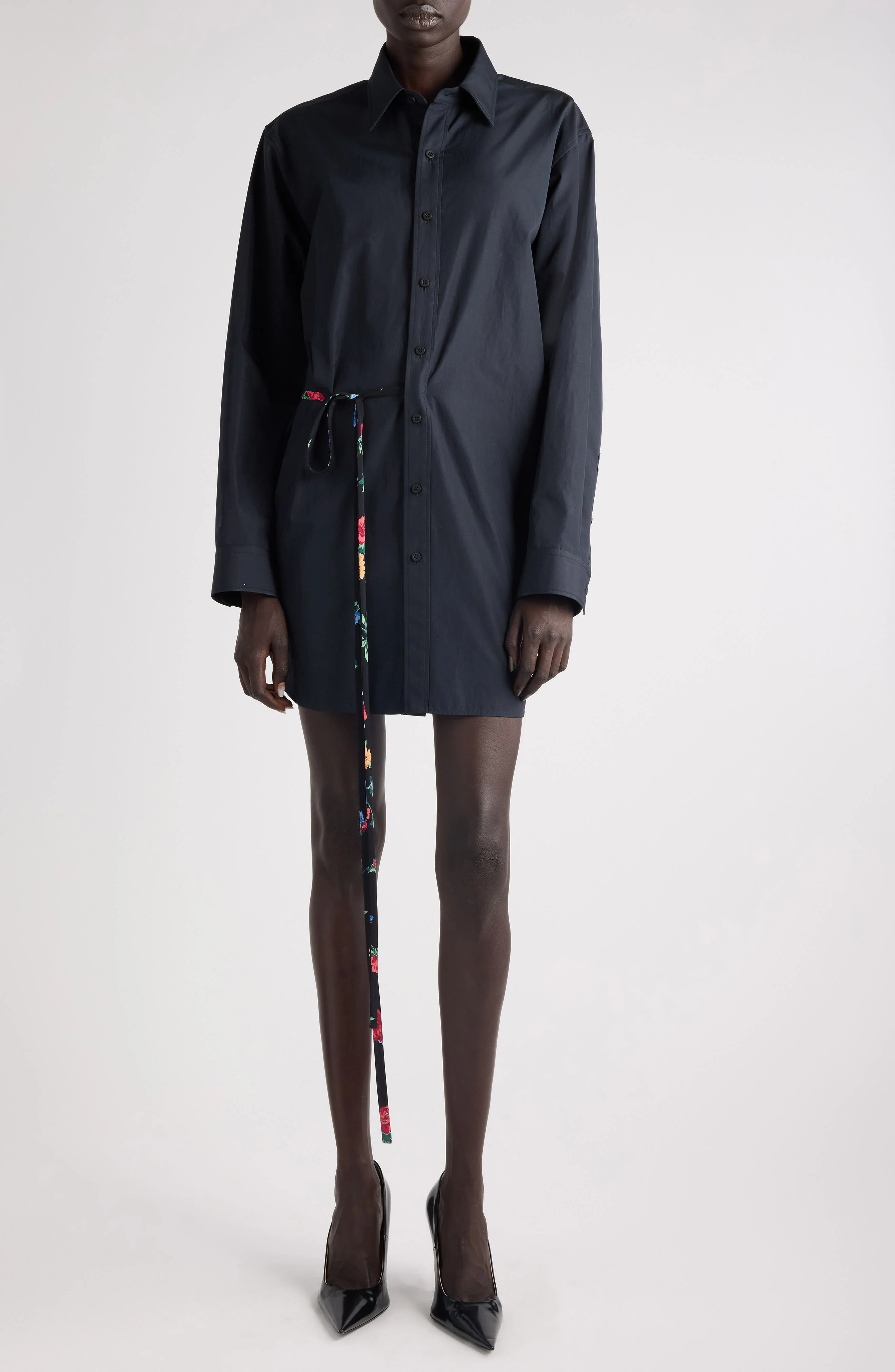 Balenciaga Side Tie Long Sleeve Cotton Poplin Shirtdress in 1055 Washed Black at Nordstrom - 1
