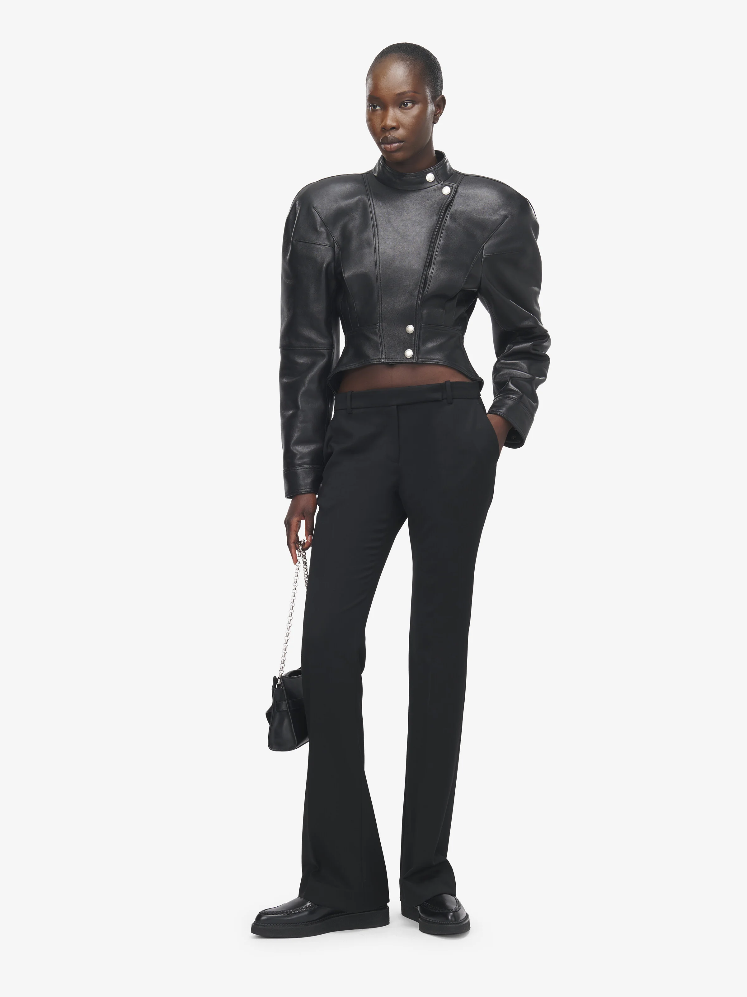 Women's Sculpted Shoulder Leather Jacket in Black - 1