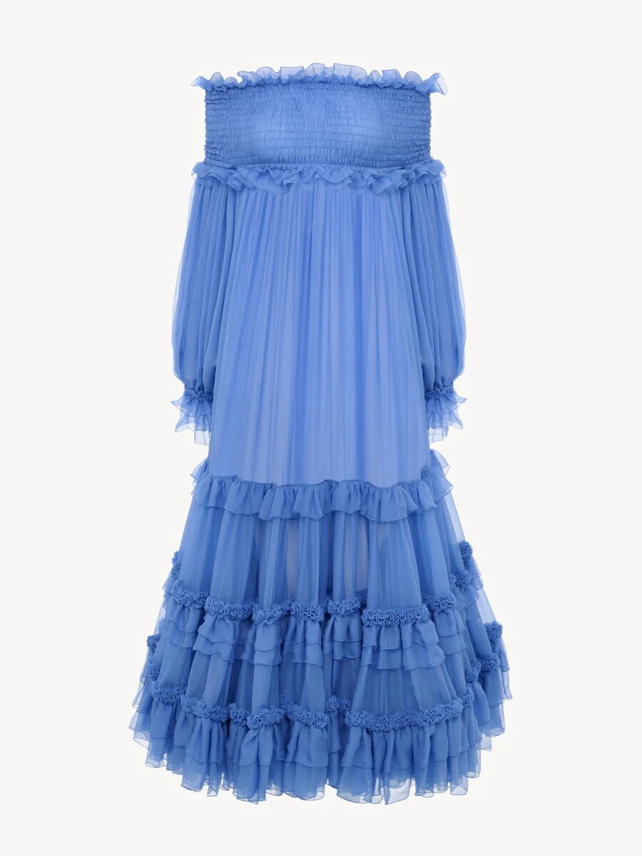 OFF-THE-SHOULDER LONG DRESS IN SILK MOUSSELINE - 1