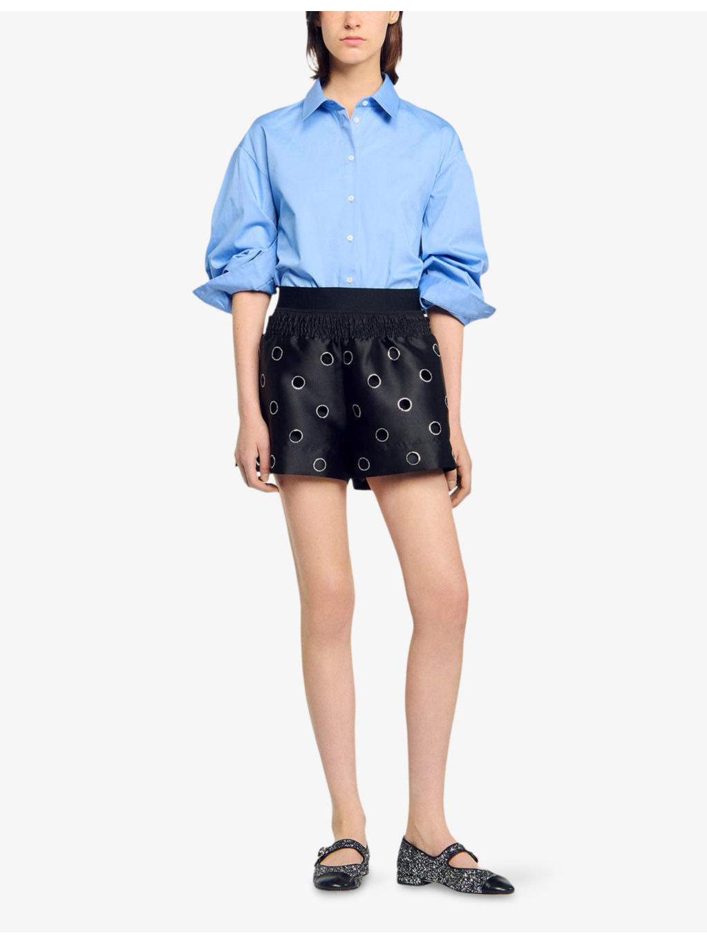 Rhinestone-Embellished Cut-Out Woven Shorts - 2