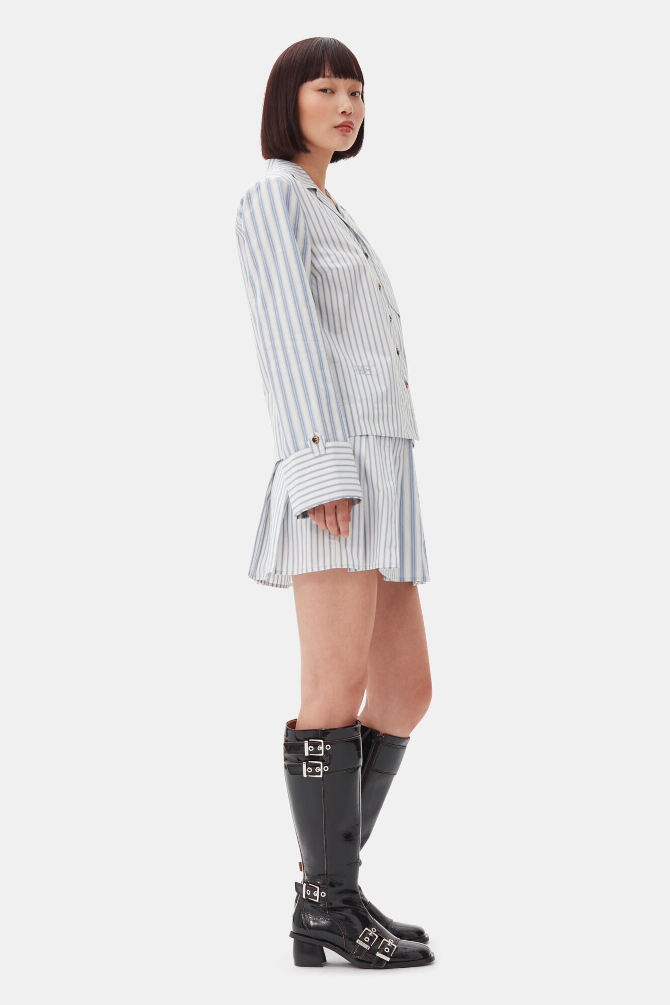 GANNI BLUE STRIPE COTTON PLEATED MINI SKIRT | REVERSIBLE