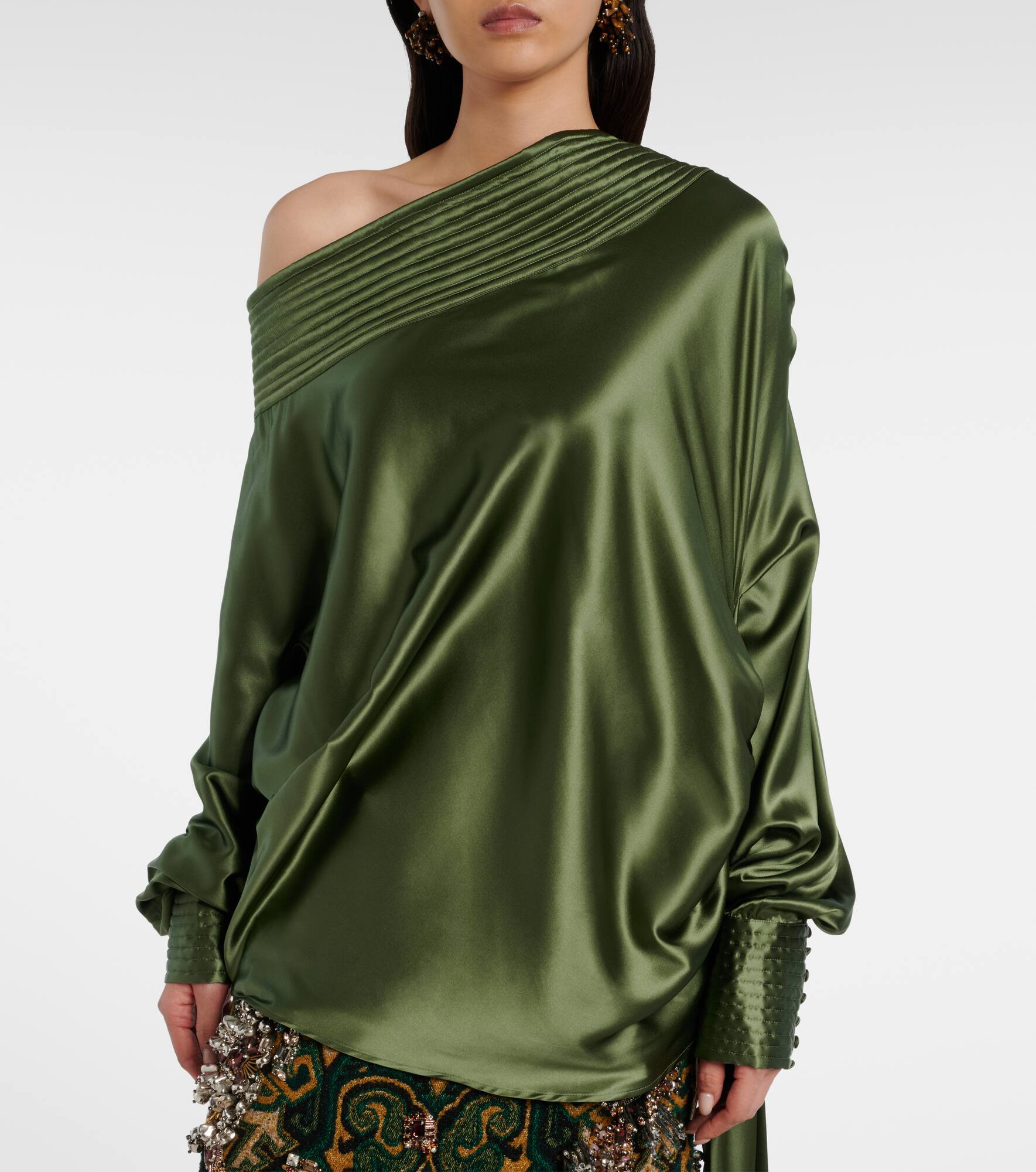 Asymmetric draped silk-blend satin top - 6