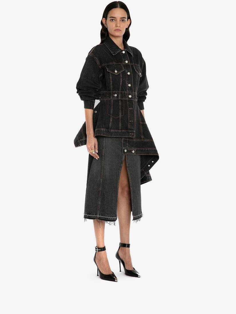 Pieced And Patched Asymmetric Denim Jacket in Stone Washed Black - 3
