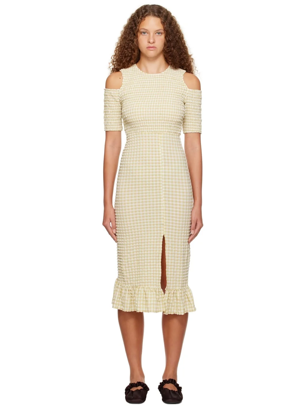 Beige Smocked Midi Dress - 1