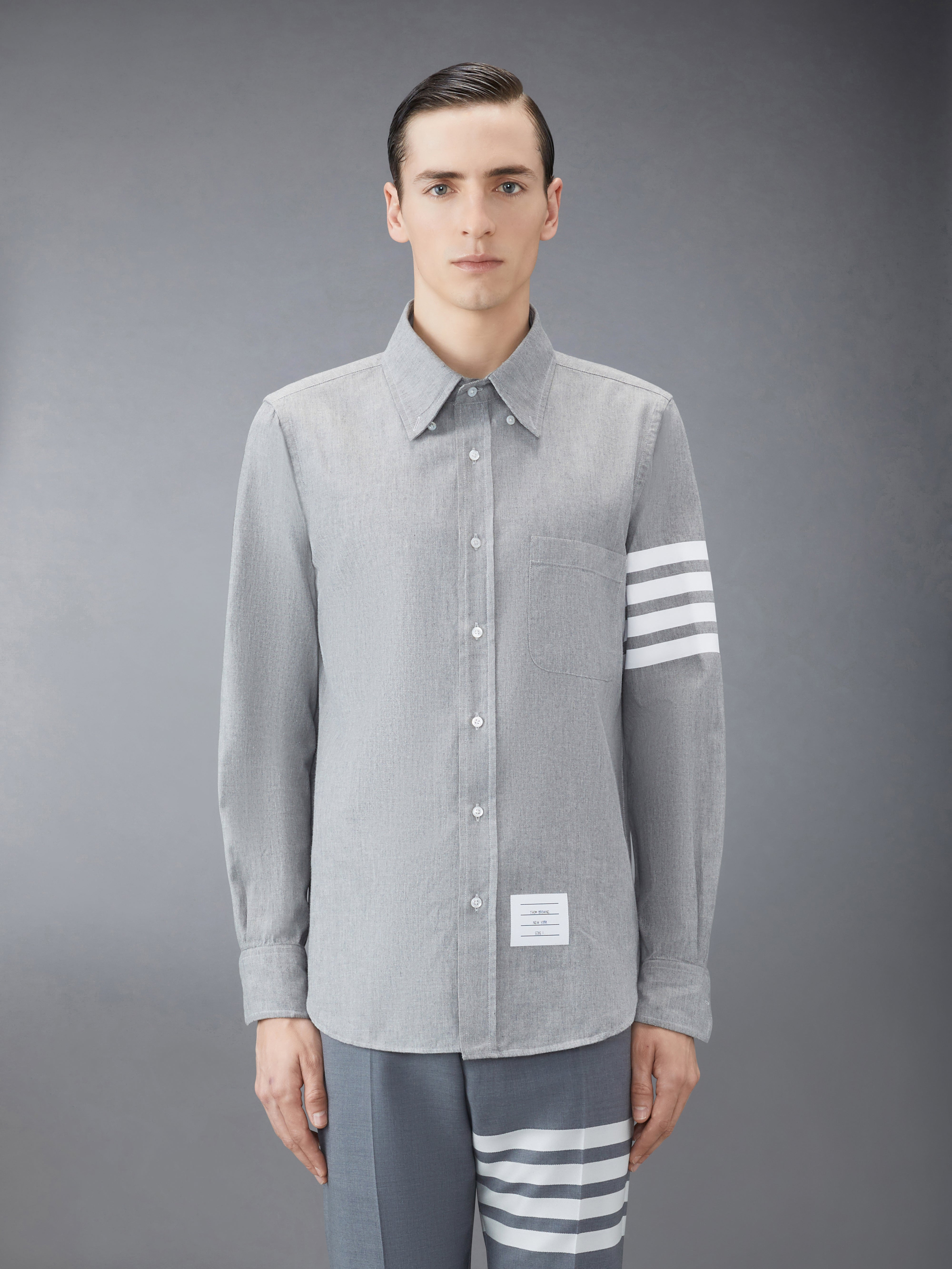 Medium Grey Chambray Printed 4-bar Nametag Straight Fit Shirt - 2