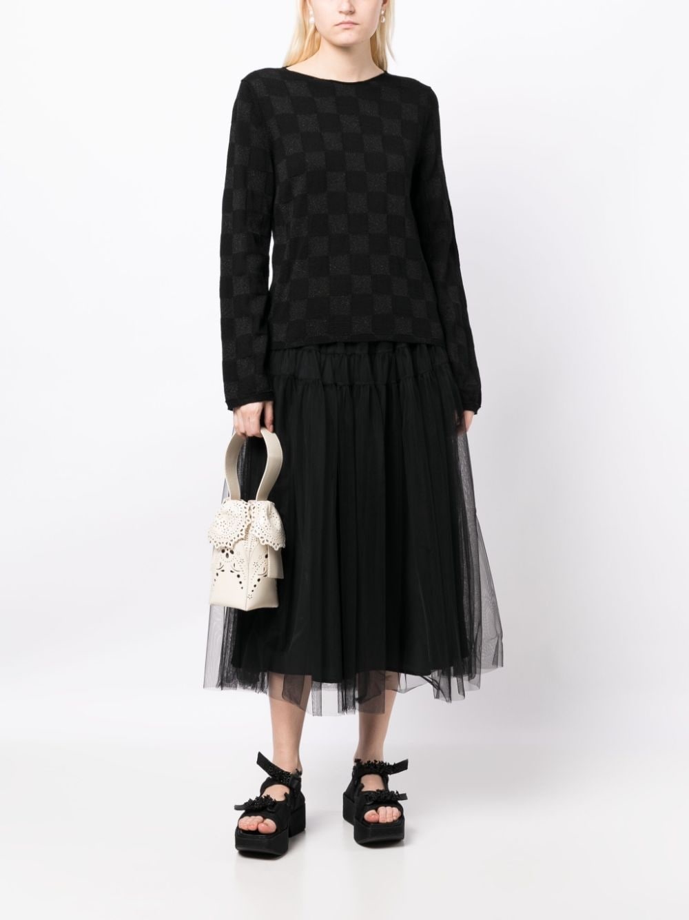checked long-sleeved knitted top - 2