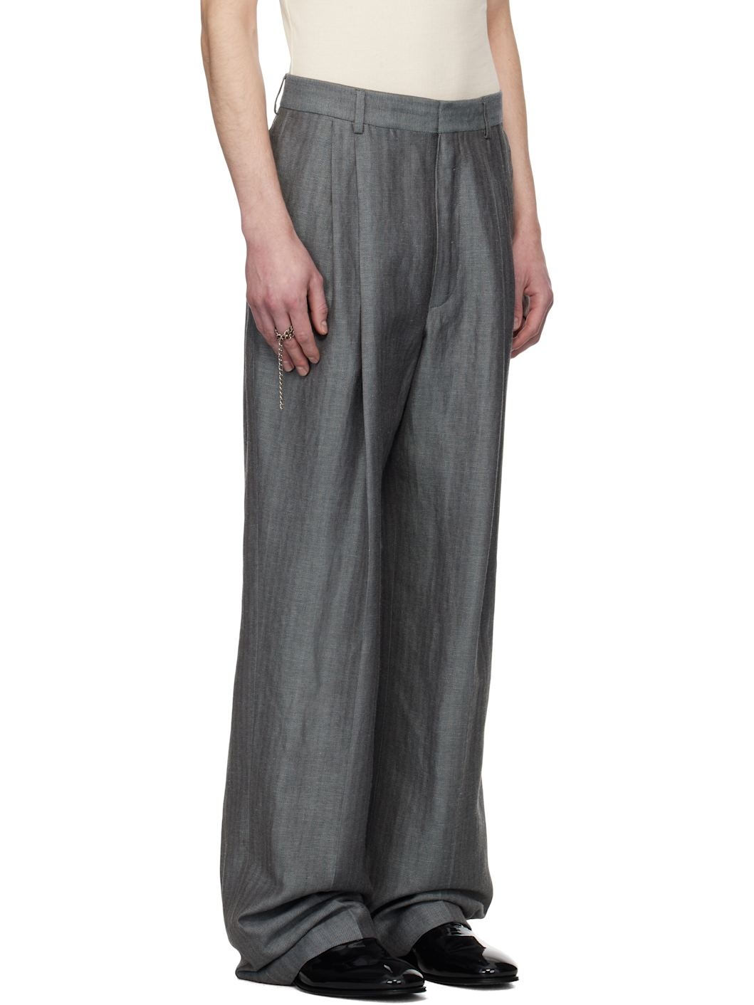 Gray Linen Straight Trousers - 2