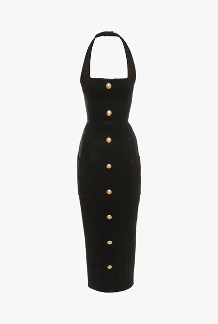 Midi length open back black dress with gold-tone buttons - 1