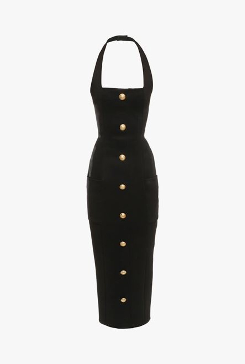 Balmain Midi length open back black dress with gold-tone buttons -  VF0RJ020J0170PA | REVERSIBLE