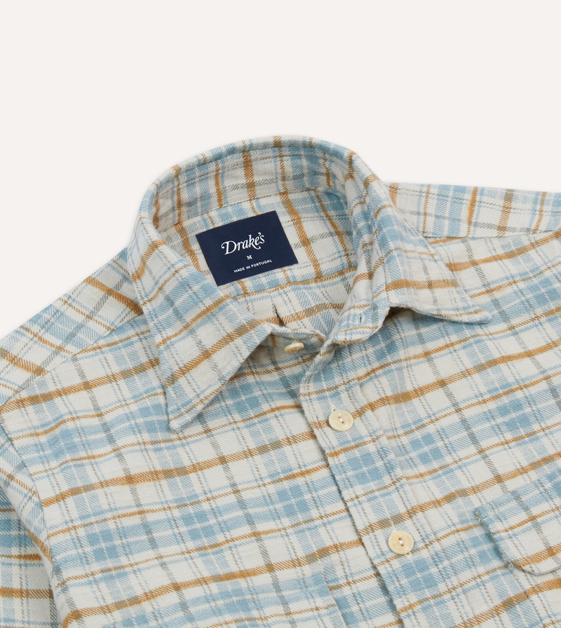 Ecru and Blue Check Cotton Two-Pocket Work Shirt 3