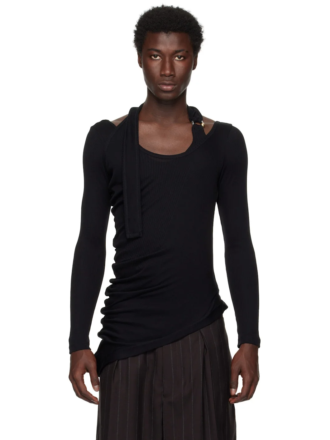 Black Ribbed Twisted Double Layer Piercing T-shirt - 1