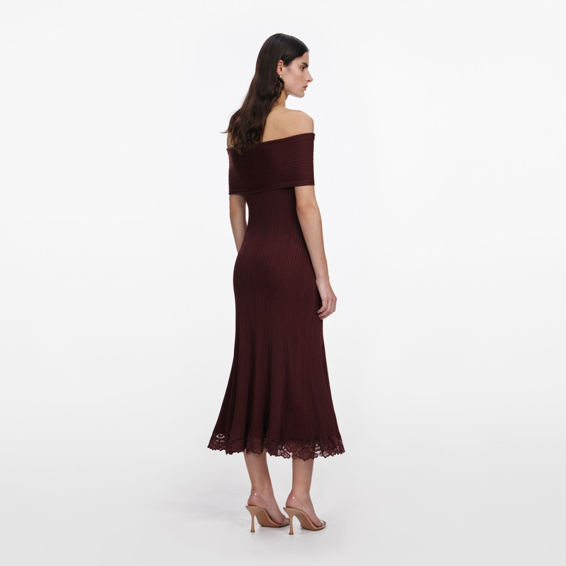 self-portrait Burgundy Knit Lace Insert Midi Dress outlook