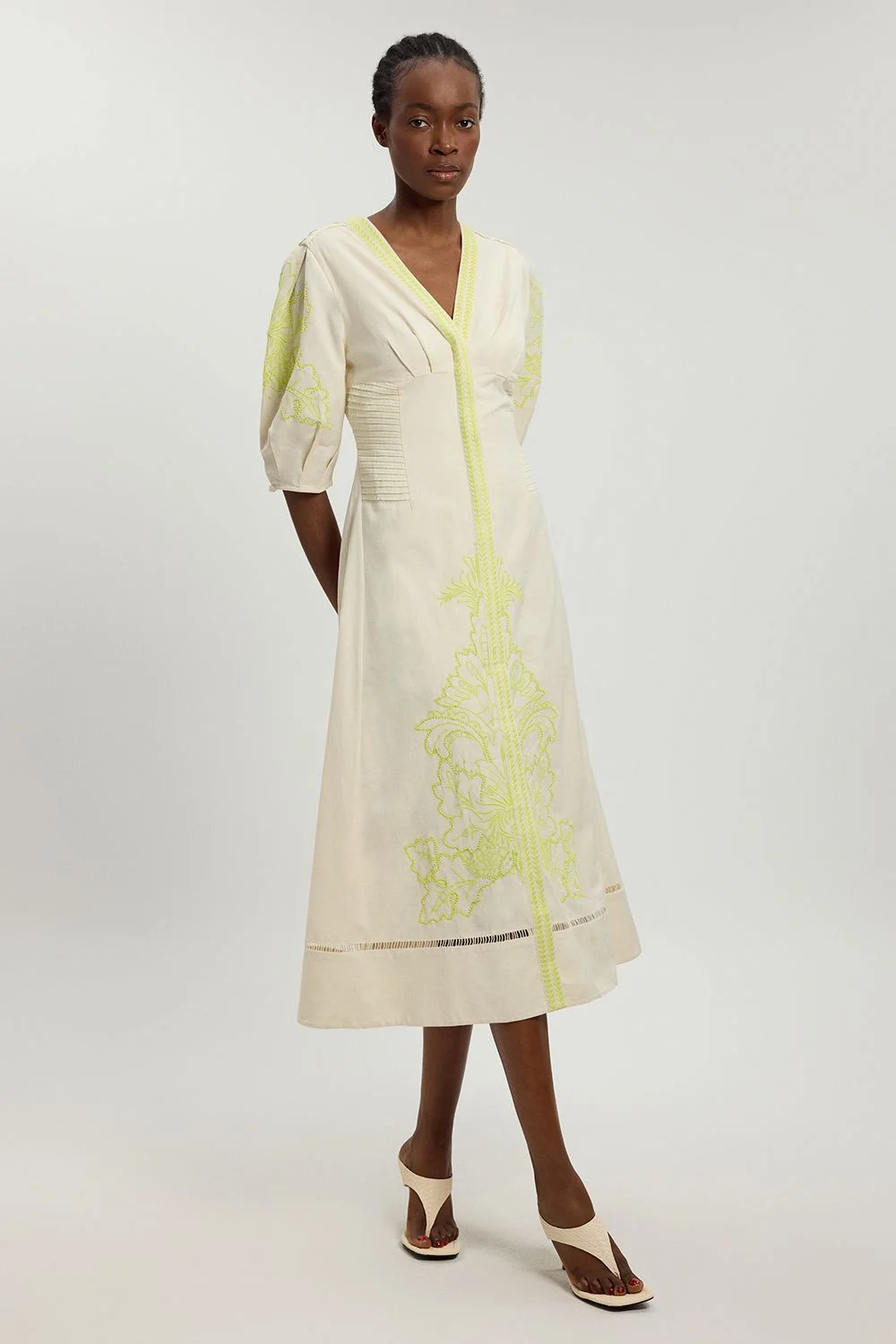 Linen Blend Beaded Cutwork Midi Dress - 1