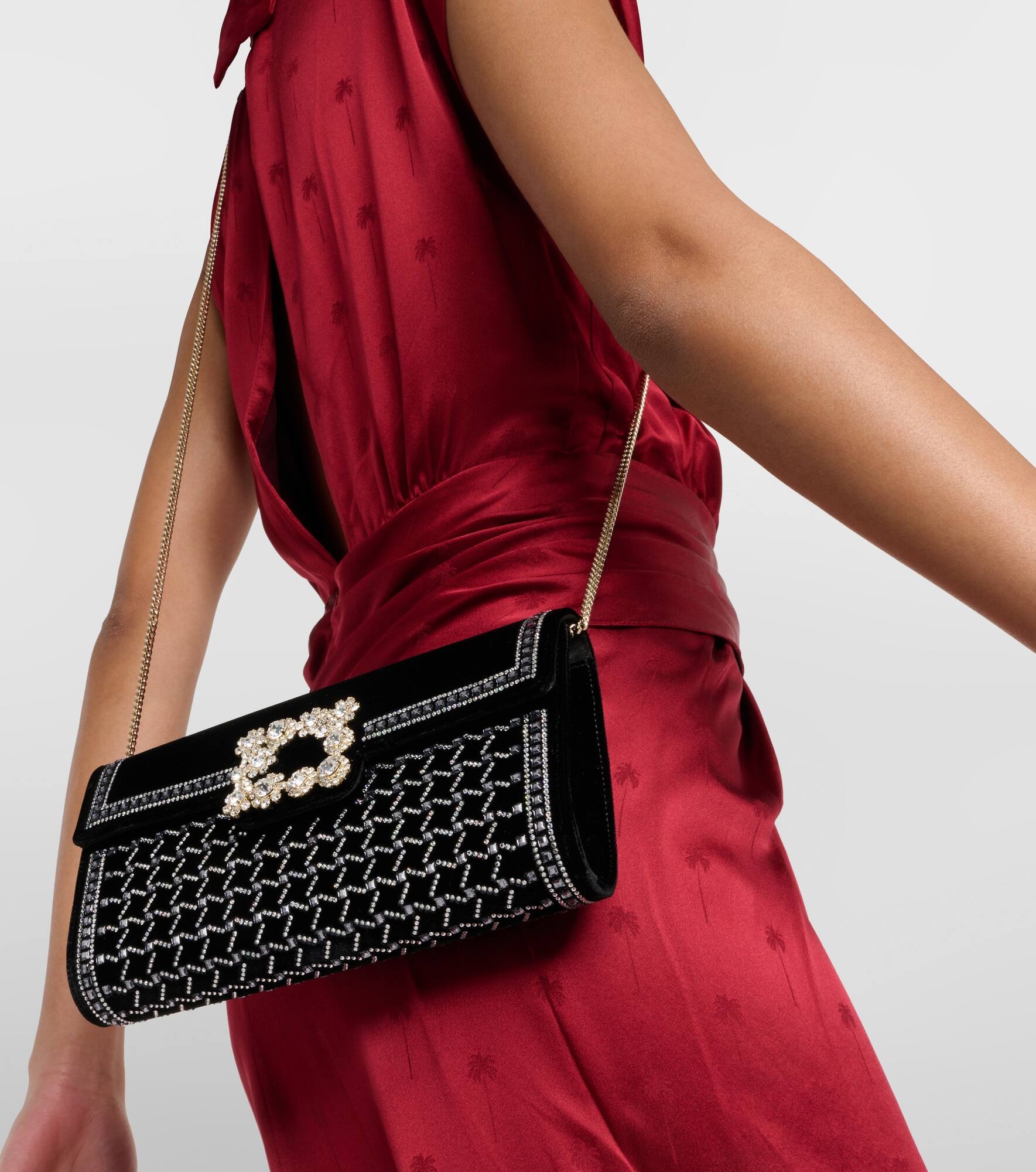 Flower Strass embellished velvet clutch - 7