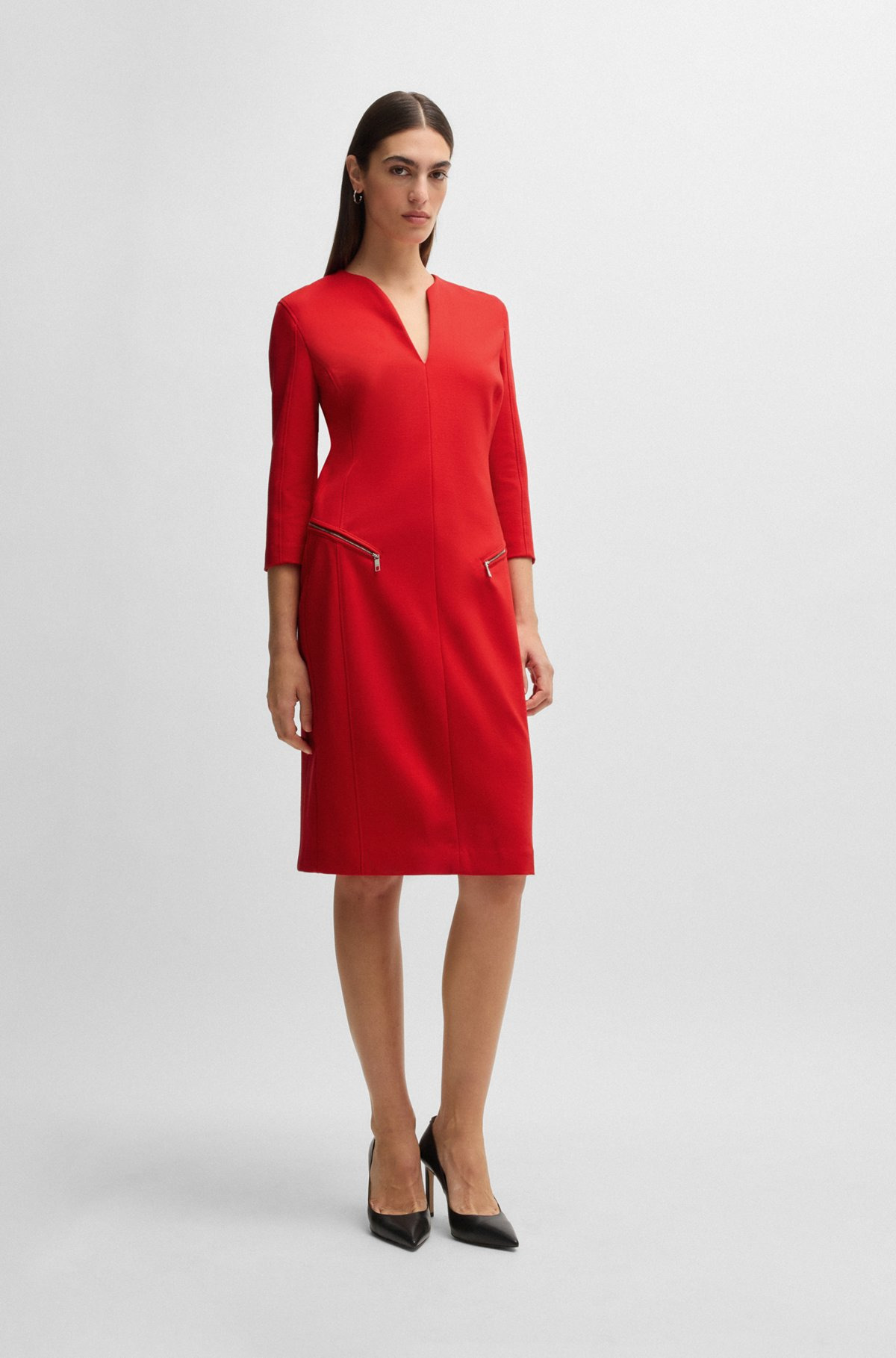 V-NECK DRESS WITH ZIPPED POCKETS AND CROPPED SLEEVES - 3