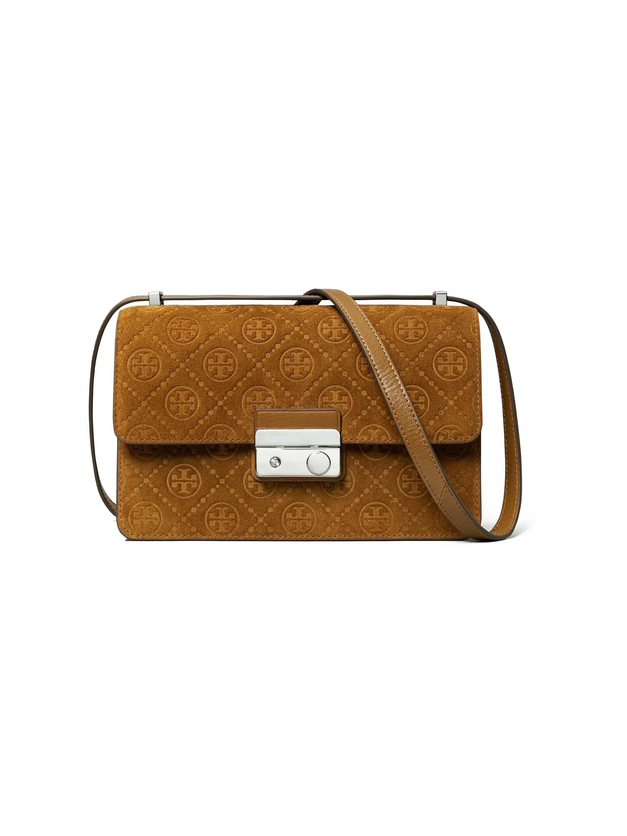 Women's T Monogram Suede Shoulder Bag - Chicory Brown - 1