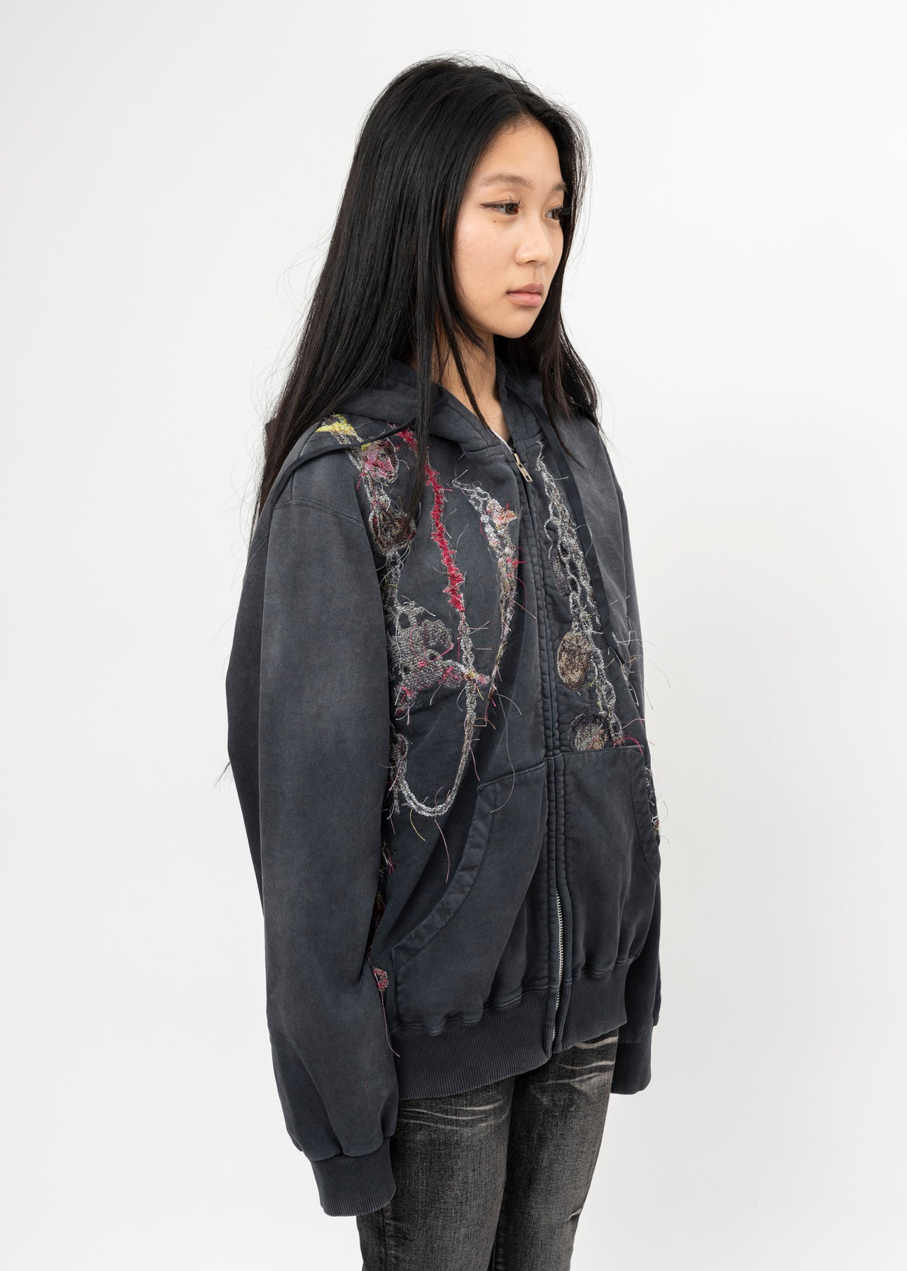 BLACK DOUBLET EMBROIDERED CHAIN ZIP-UP HOODIE - 2