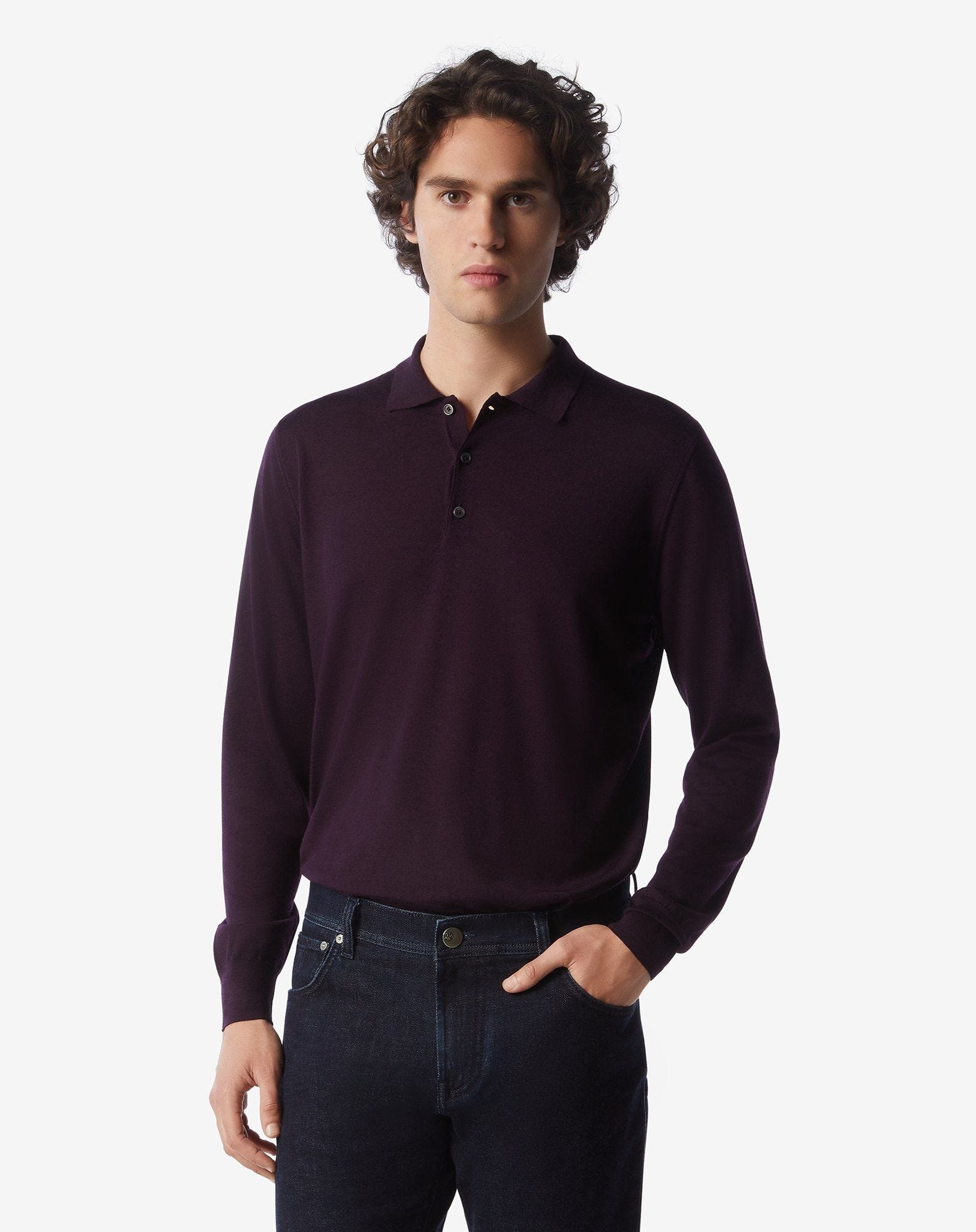 Purple 120's extra-fine wool button-up polo - 3