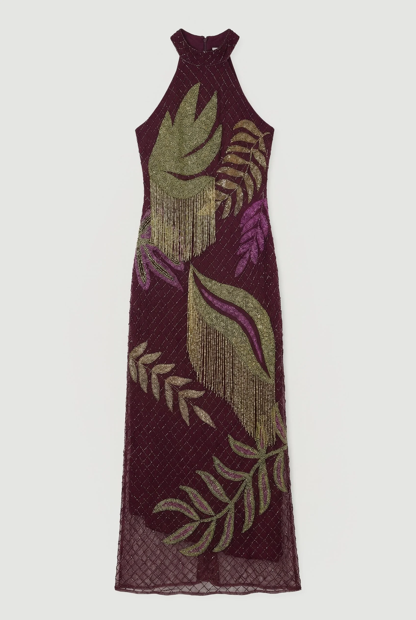 Petite Tropical Beaded Strappy Back Woven Halter Maxi Dress - 1