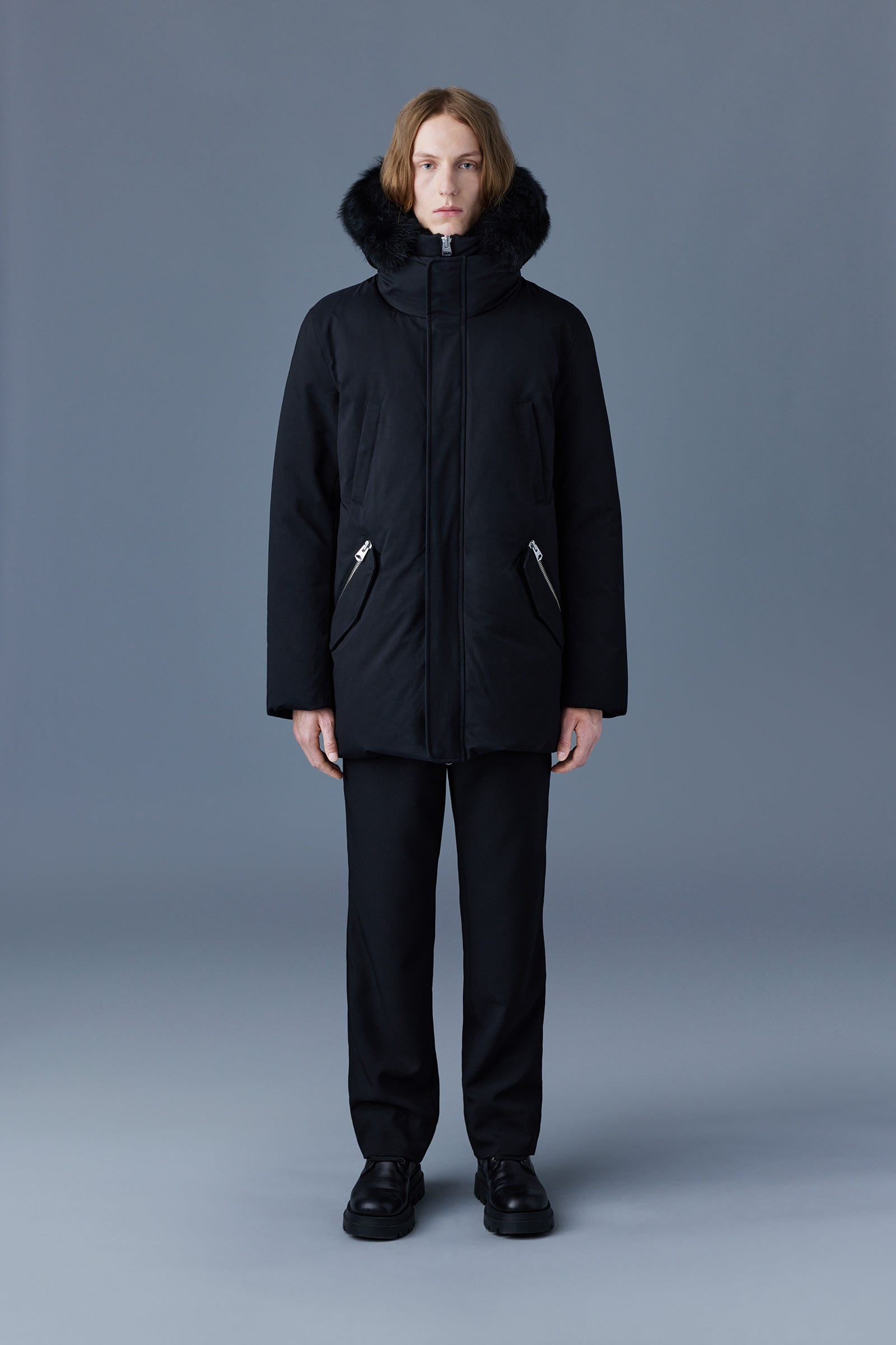 MACKAGE EDWARD 2 in 1 down parka with hooded bib and detachable sheepskin collar REVERSIBLE