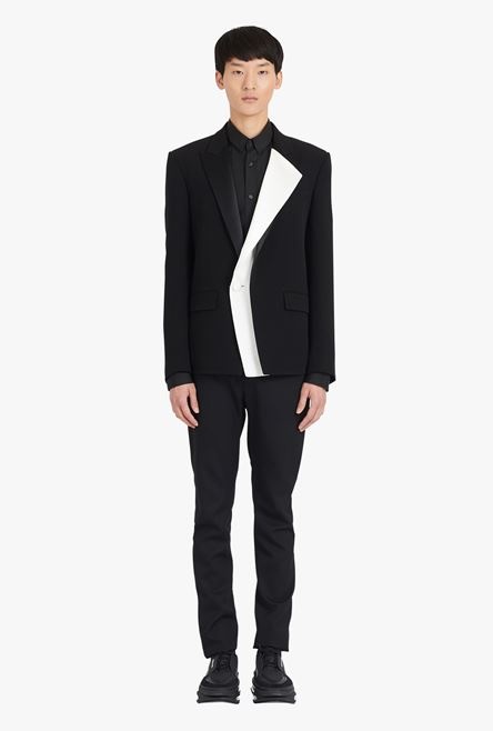 Double-breasted black and white satin and crepe blazer - 4