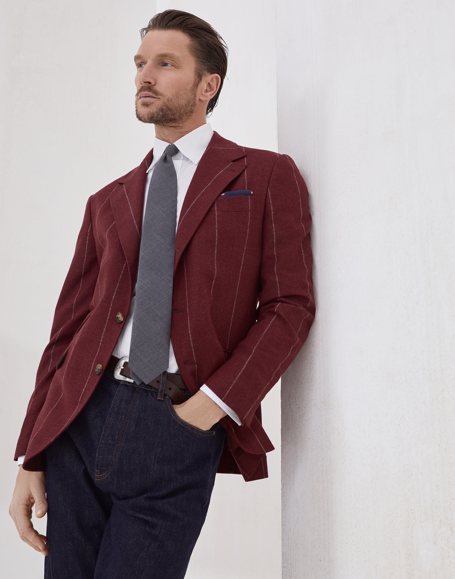 Silk, wool and cashmere flecked chalk stripe flannel deconstructed Cavallo blazer - 4