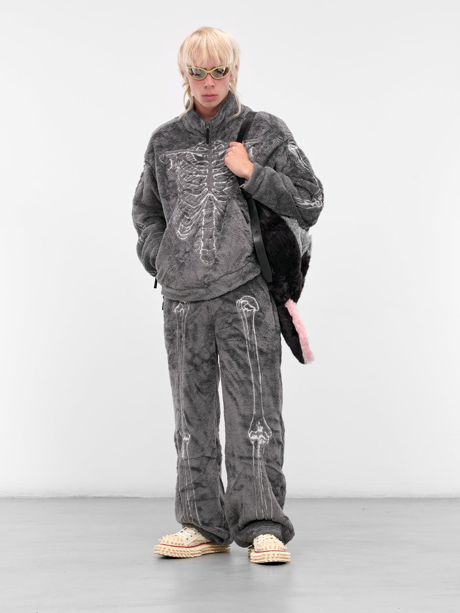 Gray Skeletal Embroidery Fleece Pants - 6