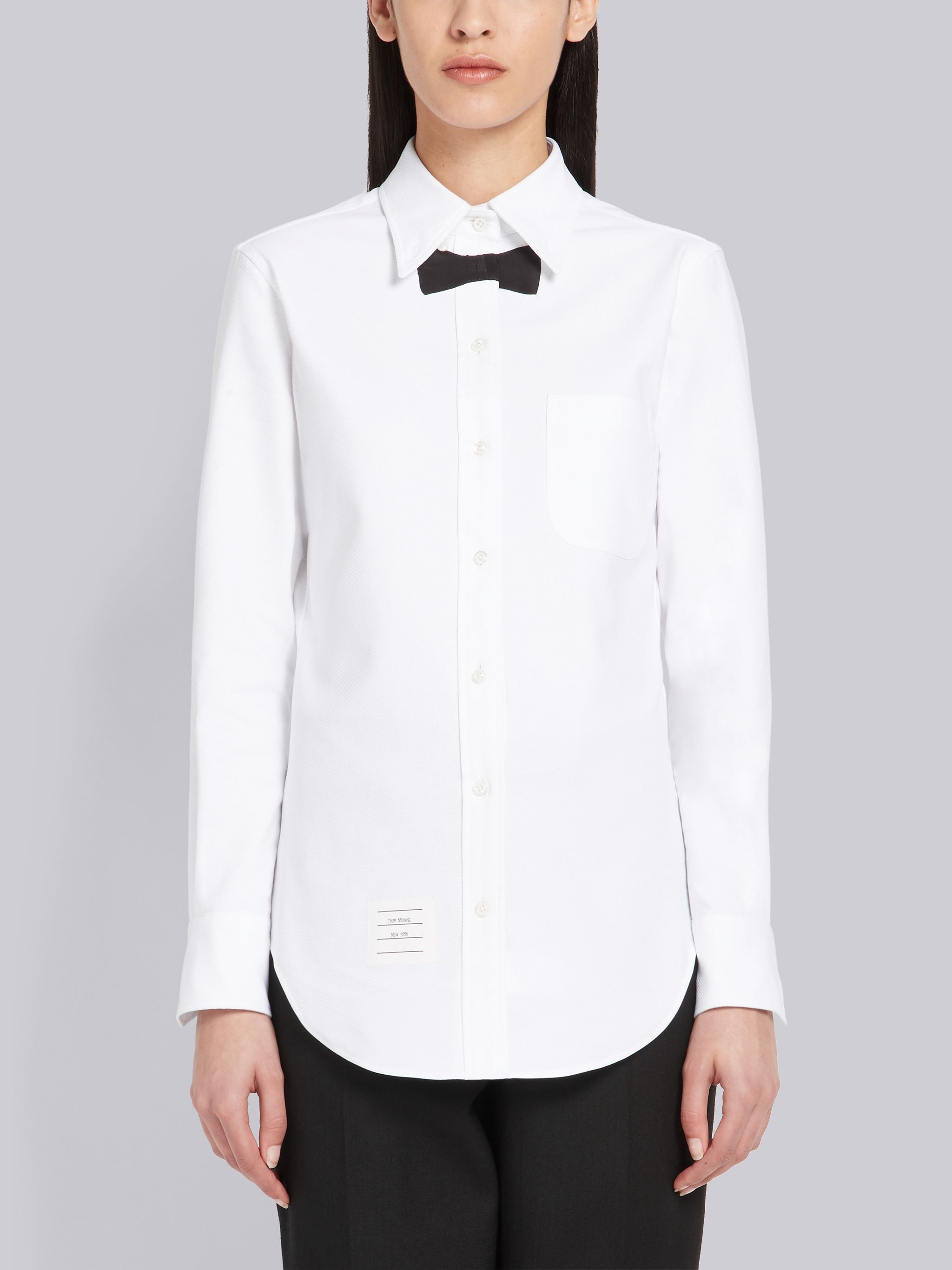 White Pique Trompe L'oeil Bow Tie Button Down Shirt - 3