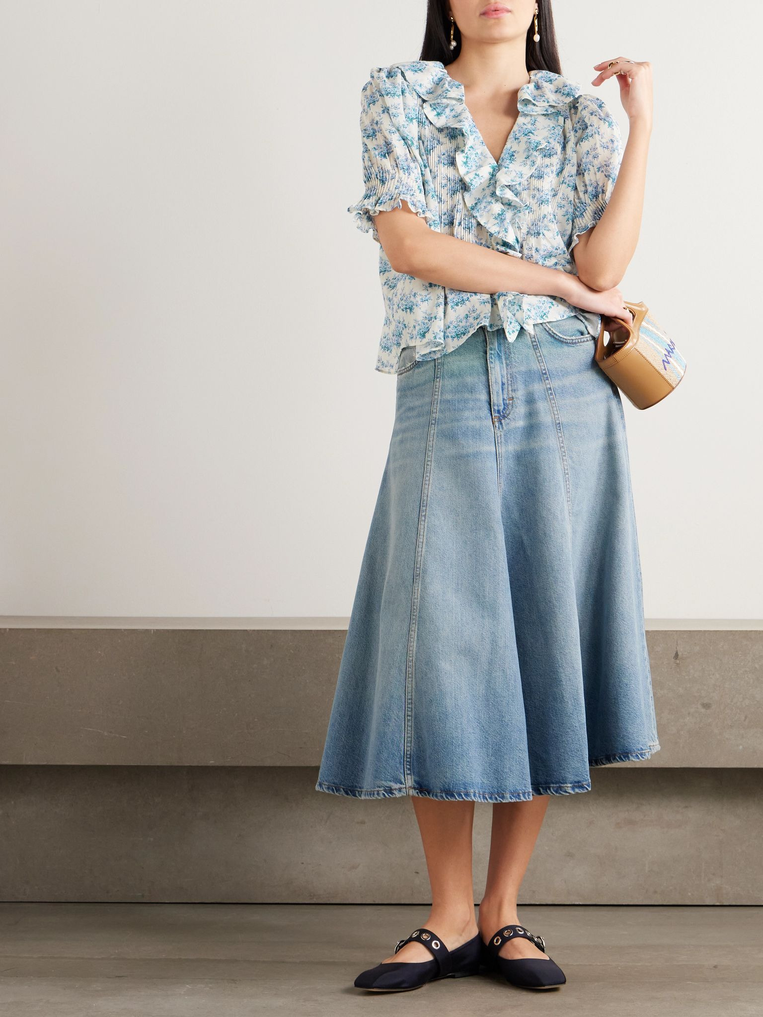 Henri ruffled pintucked floral-print organic cotton-voile top Blue - 2