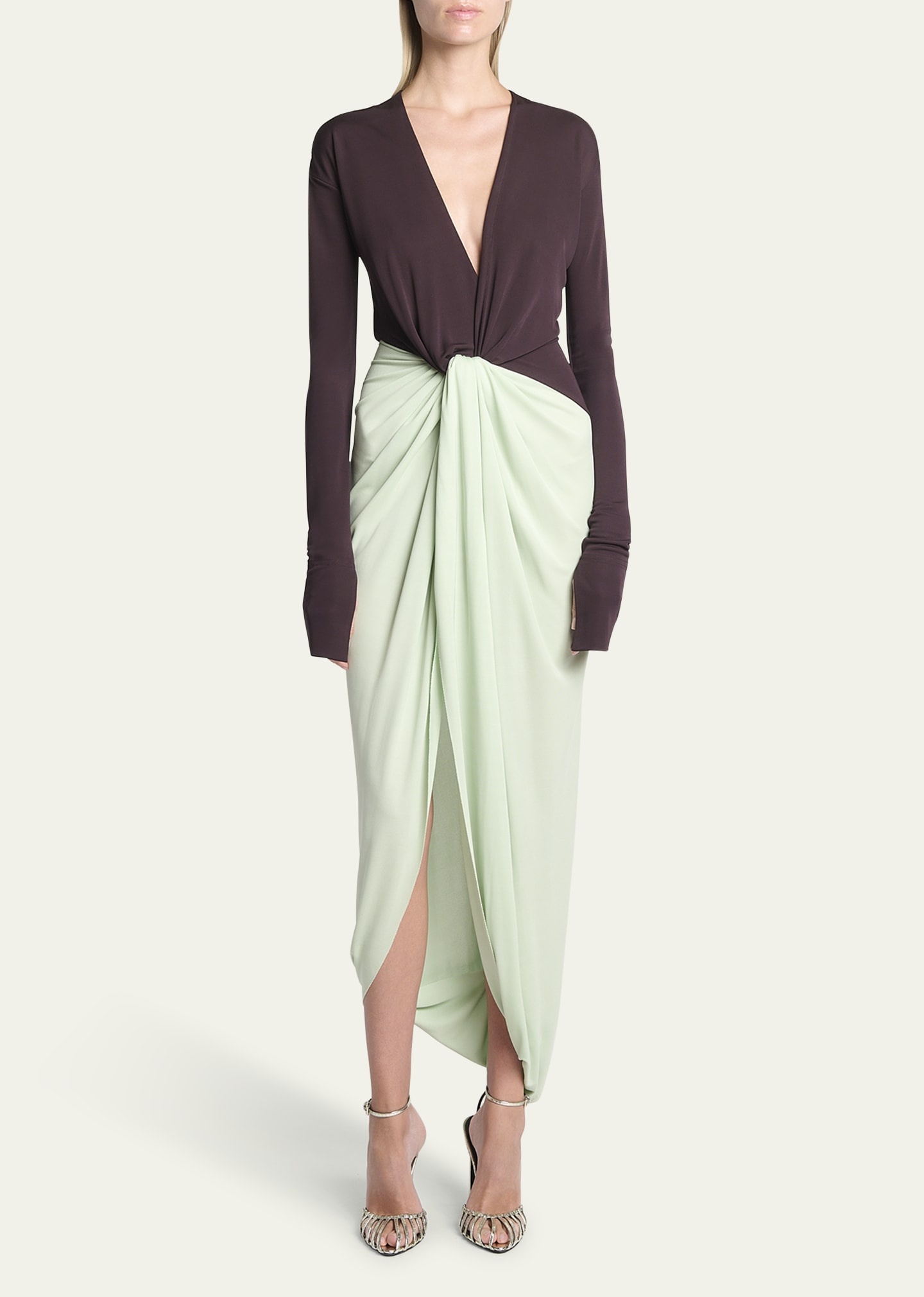 Colorblock Knot Detail Jersey Gown - 2